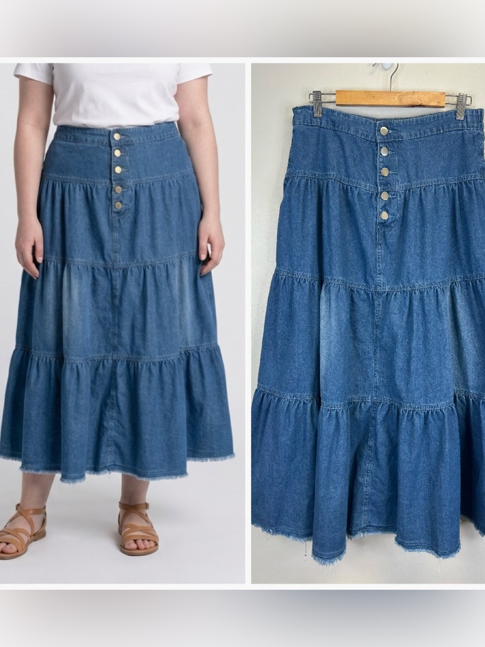 Cottagecore Denim Tiered Maxi Skirt  Size XL Button Front Western Prairie Boho